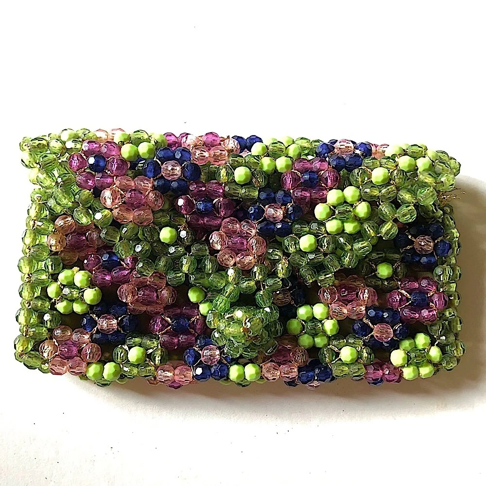 Rare handbeaded Vintage 1970s Saks Fifth ave Italy bead green purple clutch 7”
